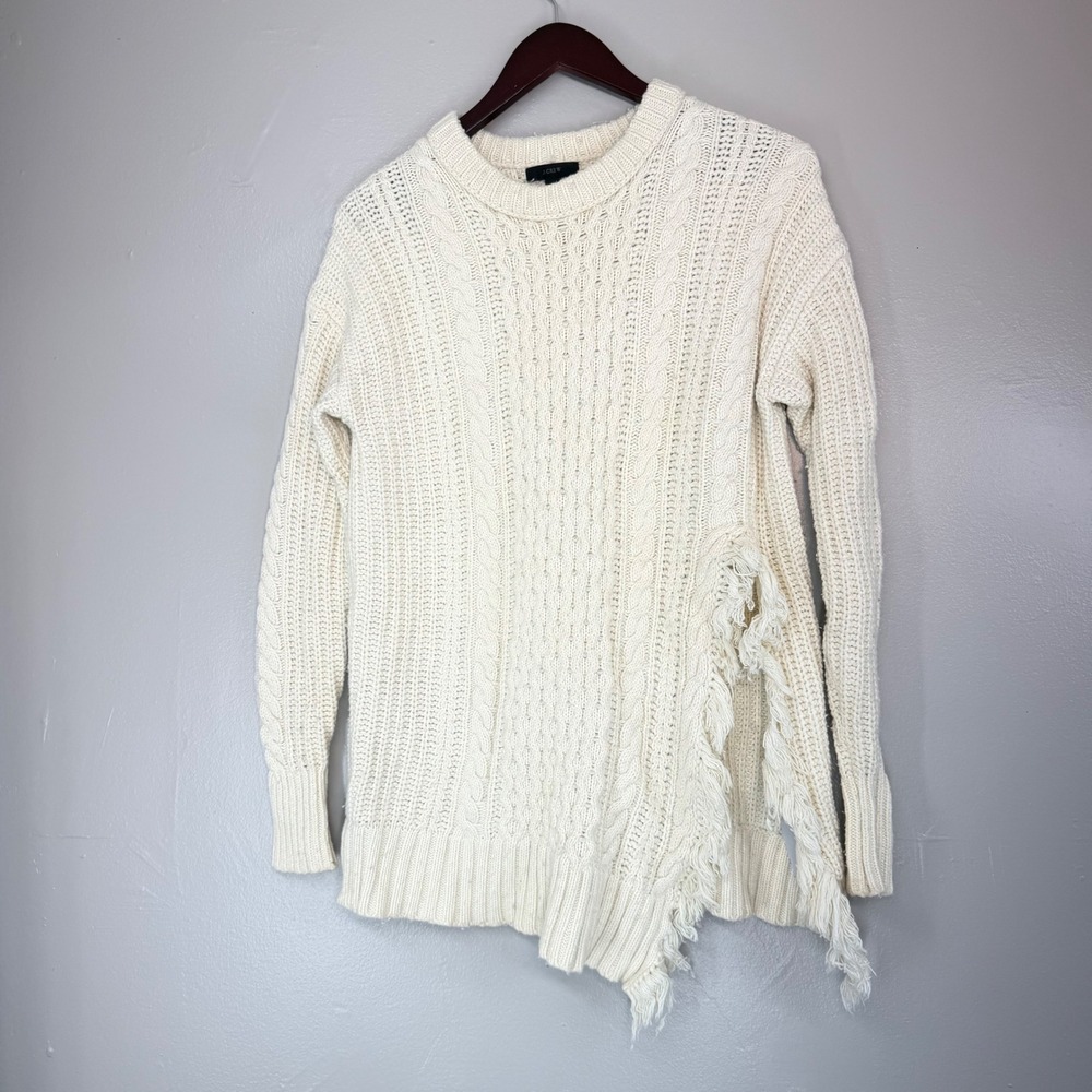 J.Crew Women Ivory Cable Knit Fringe Asymmetrical Hem Sweater XXS Cotton Merino